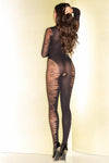 Sheer Open Crotch Long Sleeve Flame Bodystocking WPlunging Neckline One Size