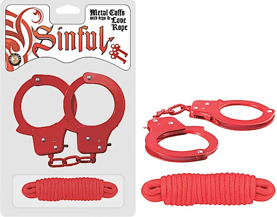 Sinful Metal Cuffs WLove Rope Red