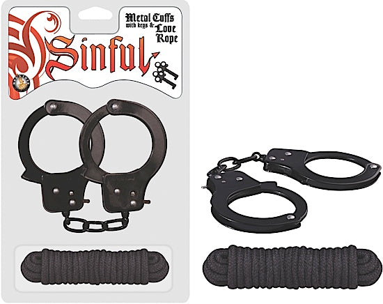 Sinful Metal Cuffs WLove Rope Black