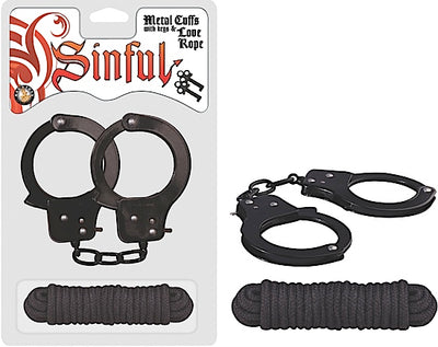 Sinful Metal Cuffs WLove Rope Black