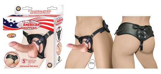 All American Whoppers 5 Curved Dong W Balls Flesh & Universal Harness"