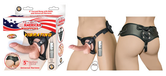 All American Whoppers 5 Vibrating Curved Dong WBalls Flesh & Universal Harness"