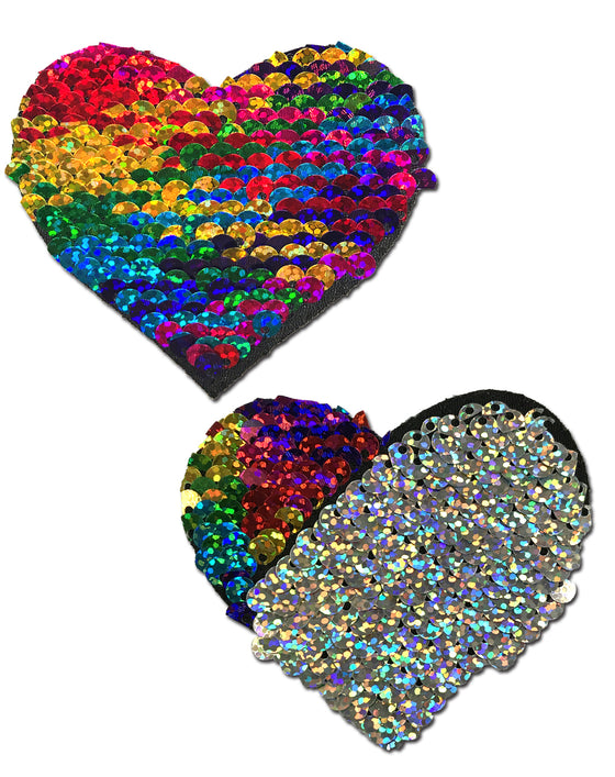 Pastease Rainbow & Silver Glitter Color Changing Sequin Heart Nipple Pasties