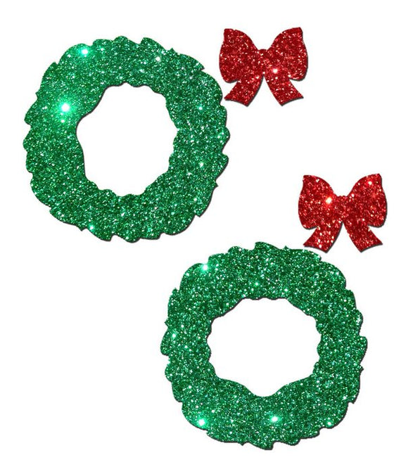 Pastease Peek a Boob Green Glitter Wreath WRed Glitter Bow