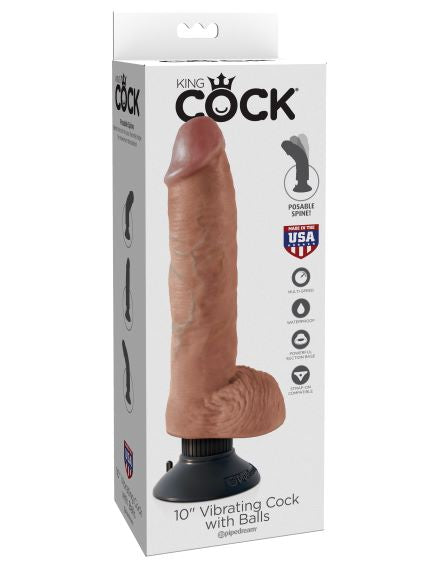 King Cock 10in Vibrating Tan With Balls