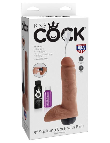 King Cock 8 Squirting Cock With Balls Tan "