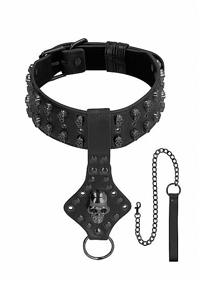 Ouch! Skulls & Bones Neck Chain With Skulls And Leash Black