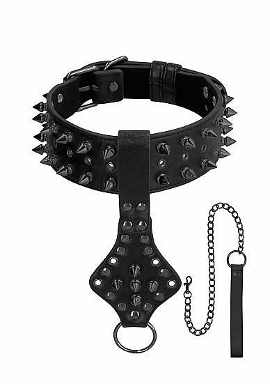 Ouch! Skulls & Bones Neck Chain With Spikes And Leash Black