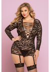 Lace Chemise WGarters & Thong Black Queen Size